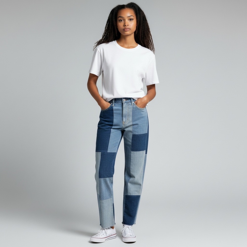 Hollister Ultra High Rise Mom Jeans Patchwork Raw Hem Women’s W24 L27 Blue